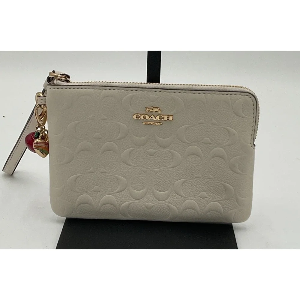 Coach Embossed Corner Zip Wristlet In Chalk With (2) Charms (see Description)